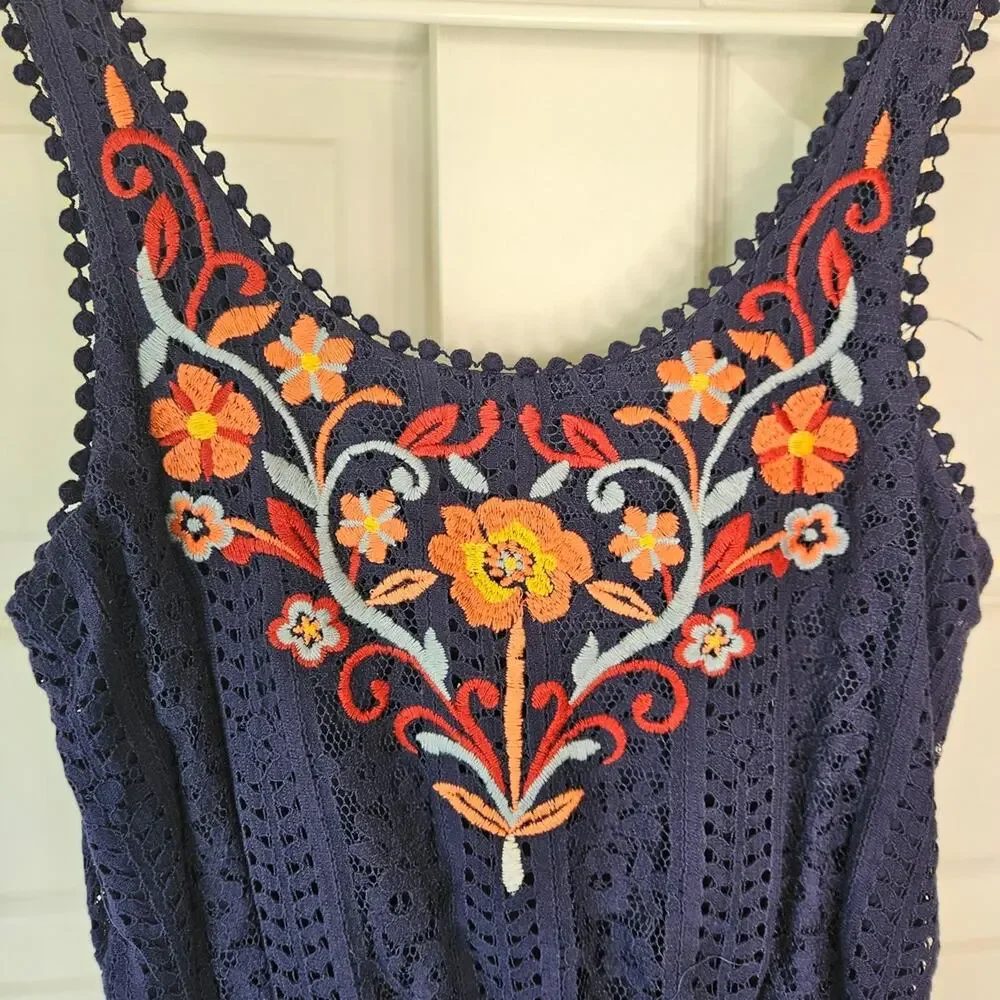 Boho Embroidered Lace Romper Navy Floral Festival Summer Xhilaration Size Medium